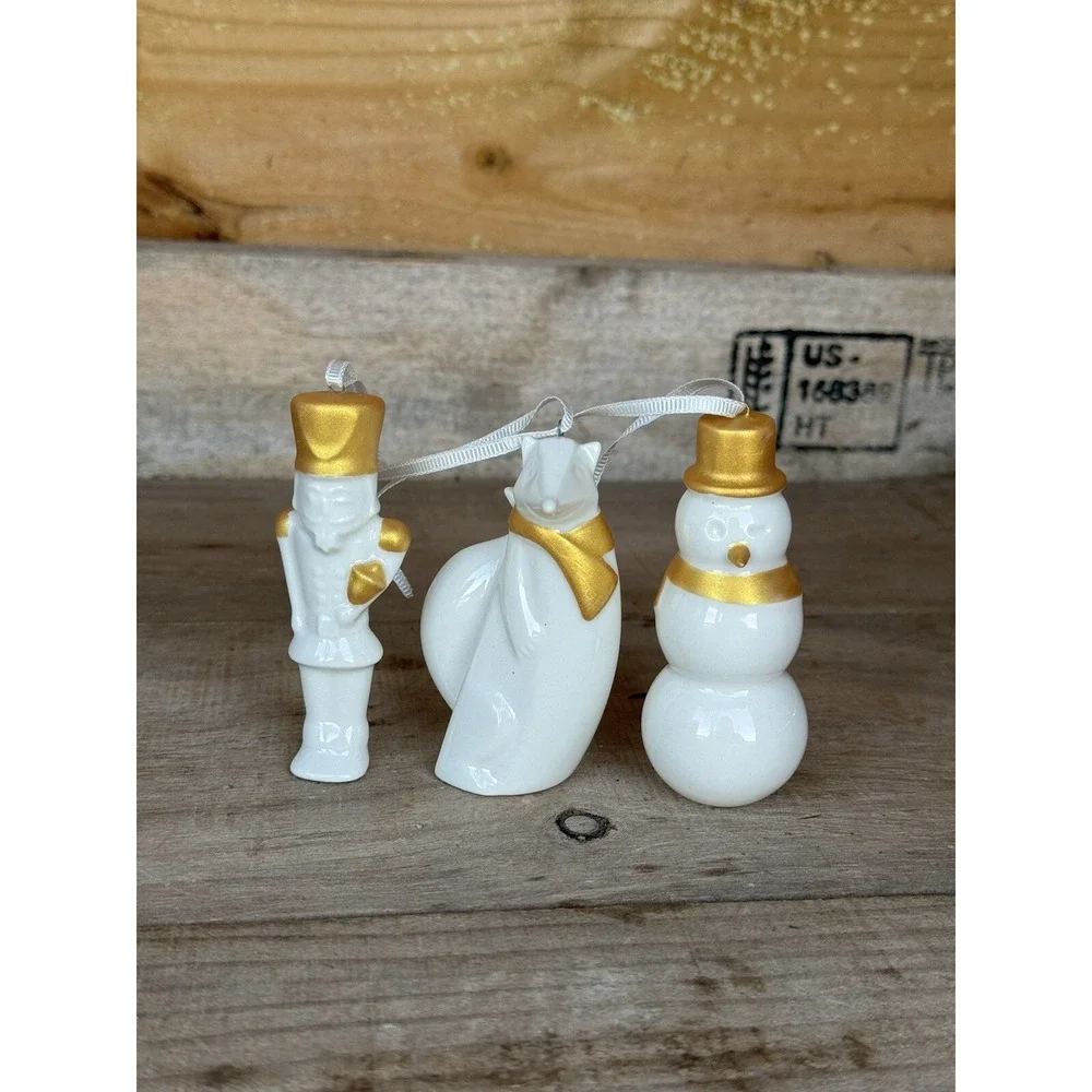 Vintage STARBUCKS Christmas Tree Ornaments Set Fox,Snowman, Nutcracker Porcelain